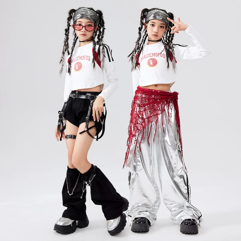 

Kid Hip Hop Clothing Silver White Wrap Lace up Long Sleeve Crop Top Gray Casual Cargo Pants for Girl Jazz Dance Costumes Clothes