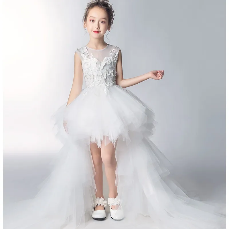 

Long Trailing White Lace Flower Girl Dress For Birthday Party Wedding Appliques Tulle Ball Gown for Formal First Communion Dress