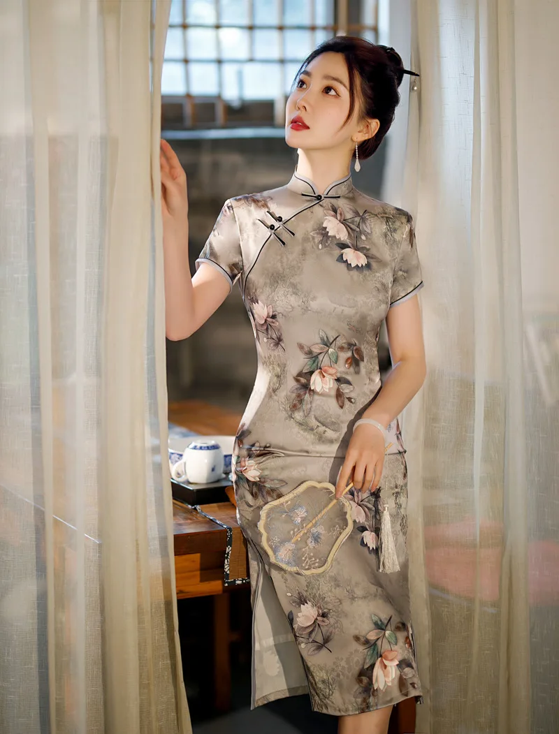 

Chinese Vintage Women Floral Print Slim Qipao Summer Short Sleeve Standing Neck Button Cheongsam Dress