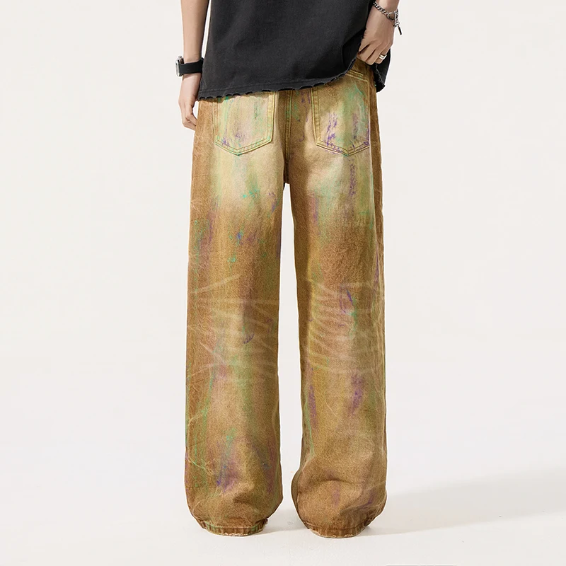 American Style Men's Jeans High Street Colorblock Washed Distressed Ink Splash Vibe Hole Design Denim Long Pants