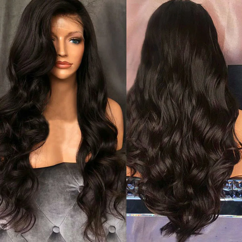 European and American wigs, big wave black wig headgear with middle part, curly hair with front lace.