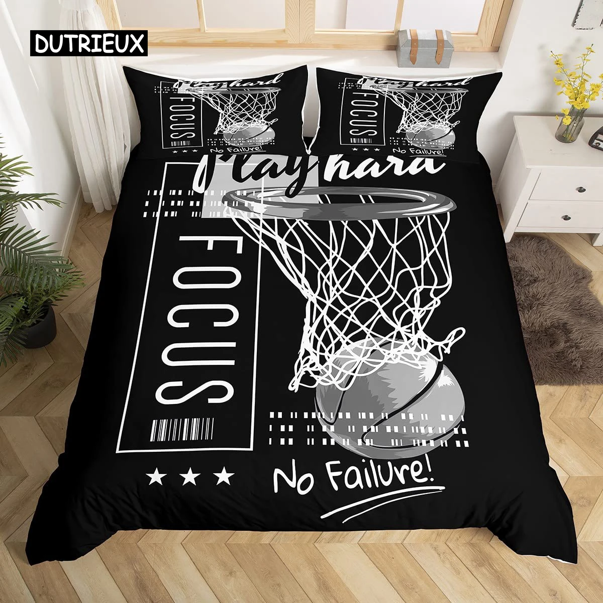 

Basketball Duvet Cover Set Sports Theme Bedding Set for Boys Teens Men with Motivated No Failure Pattern Soft Comforter Cover