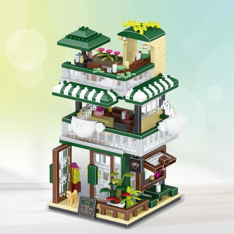 Mini City Street View Coffee Flower Shop Dessert House Building Blocks 4in1 Architecture Music Bar Bricks Toys Gift For Children