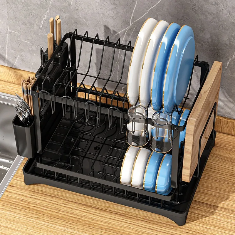 Double-layer large-capacity dish drain rack | With water guide tray, rust-resistant and durable, kitchen countertop storage rack