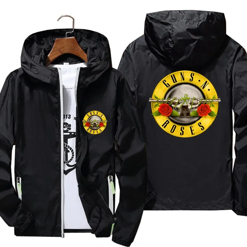 2026  Men's Thin Jacket Guns N Roses Heavy Metal Windbreaker Beach Cycling Camping Zipper Pilot Hooded Sports Coats Clothing