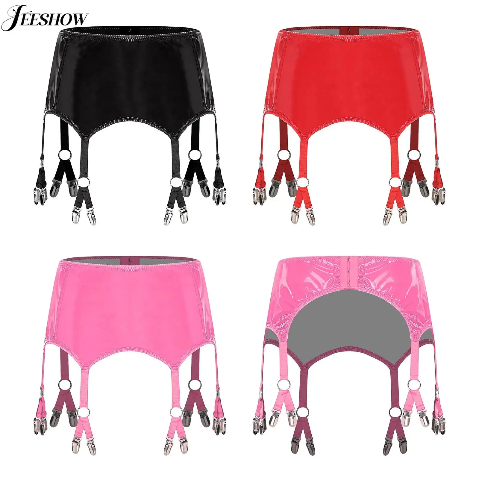 

Womens PU Leather Garter Belt Wet Look Hook and Eye Closure Garter with 6 Suspender Straps for Thigh High Stockings Accessories