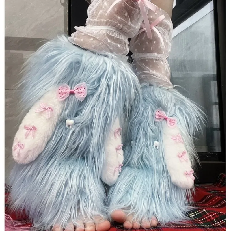 

Kukeita Harajuku Lovely Pink Leg Warmer Boots Socks Y2k Punk Women Kawaii Bunny Lace-up Faux Fur Leg Covers Knitted Long Socks