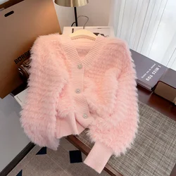 Autumn Winter Office Lady Button Solid Color Cardigan Lantern Long Sleeve Sweater Knitted Coats Elegant Women's Clothing Tops