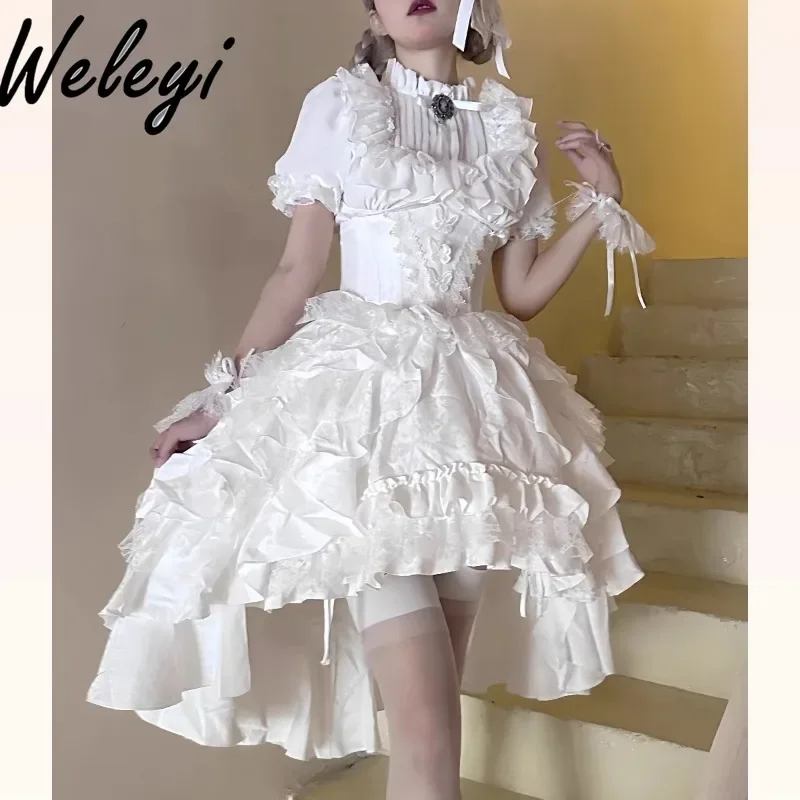 

Gothic Outfit Rufles Short Sleeve Blouse Lolita Long Skirt Female Sweet Black Red Shirt Irregular Mid-length Skirt 2 Pieces Suit