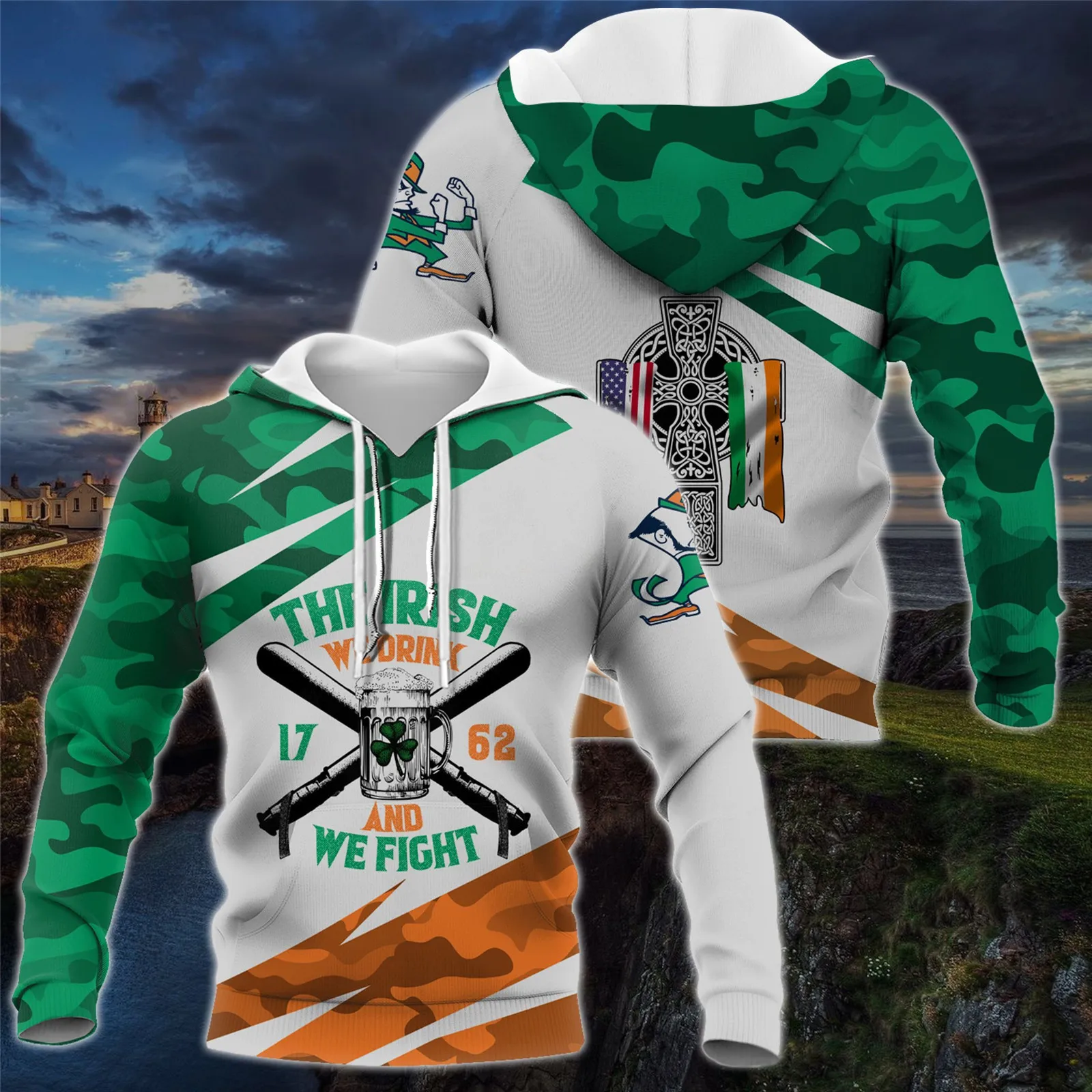 

HX American By Birth Hoodies The Irish We Drink Fight Camo Printed Hoodie Fashion Swearshirts Coats Pullovers Tops Dropshipping