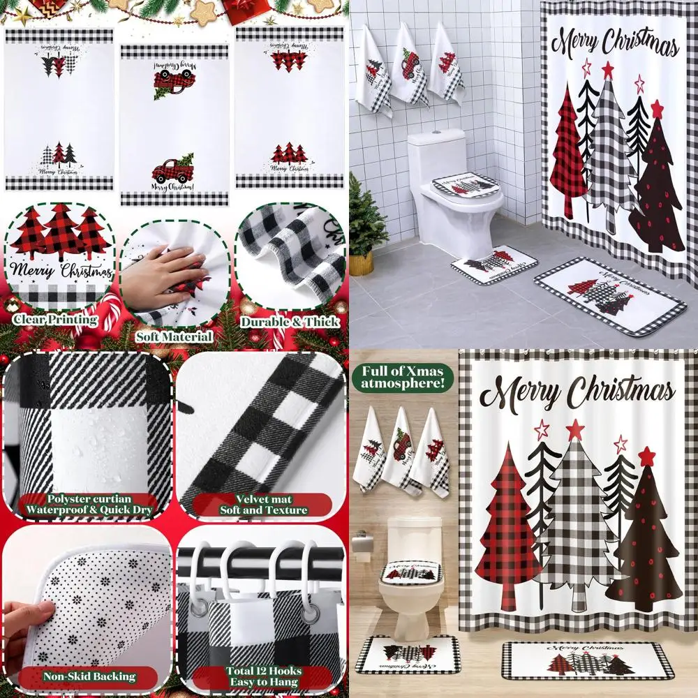

7-Piece Christmas Bathroom Kit: Grid Shower Curtain, Mats & Kitchen Towels for Festive Season