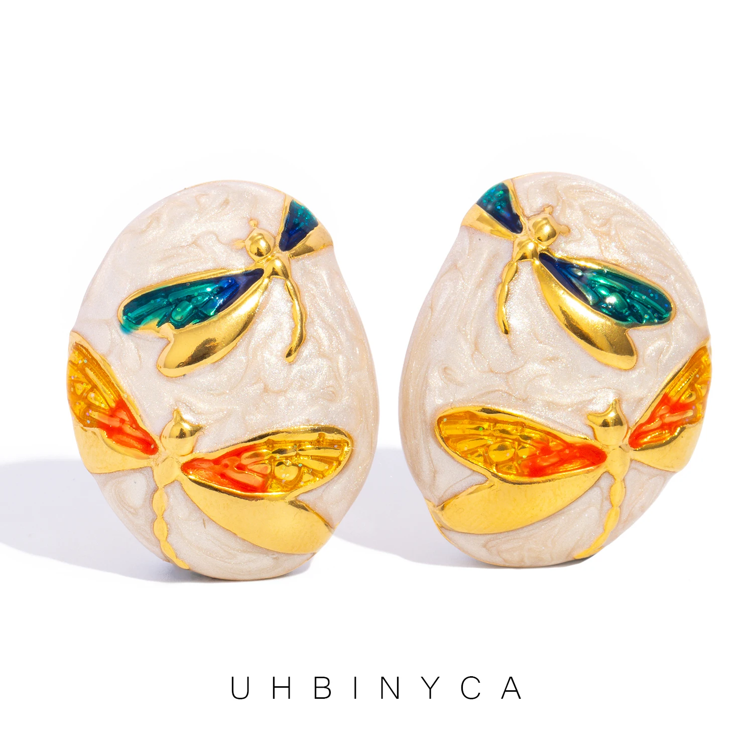 Colorful Dragonfly Cold Enamel Oval Earrings for Women - 18K Gold Plated Stainless Steel - Hypoallergenic Art Jewelry