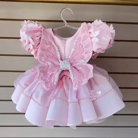 KLFLDG Baby beauty pageant dress, pink butterfly fluffy cake dress, high-end wedding evening dress, girl's clothes