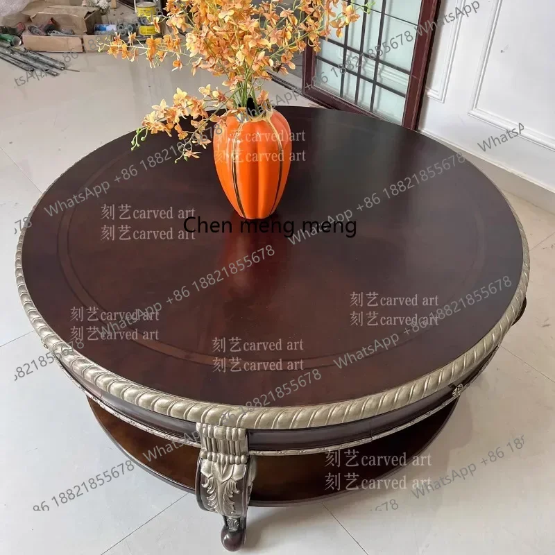 

N178 G Manor solid wood carving flower round large coffee table French tracing silver coffee table