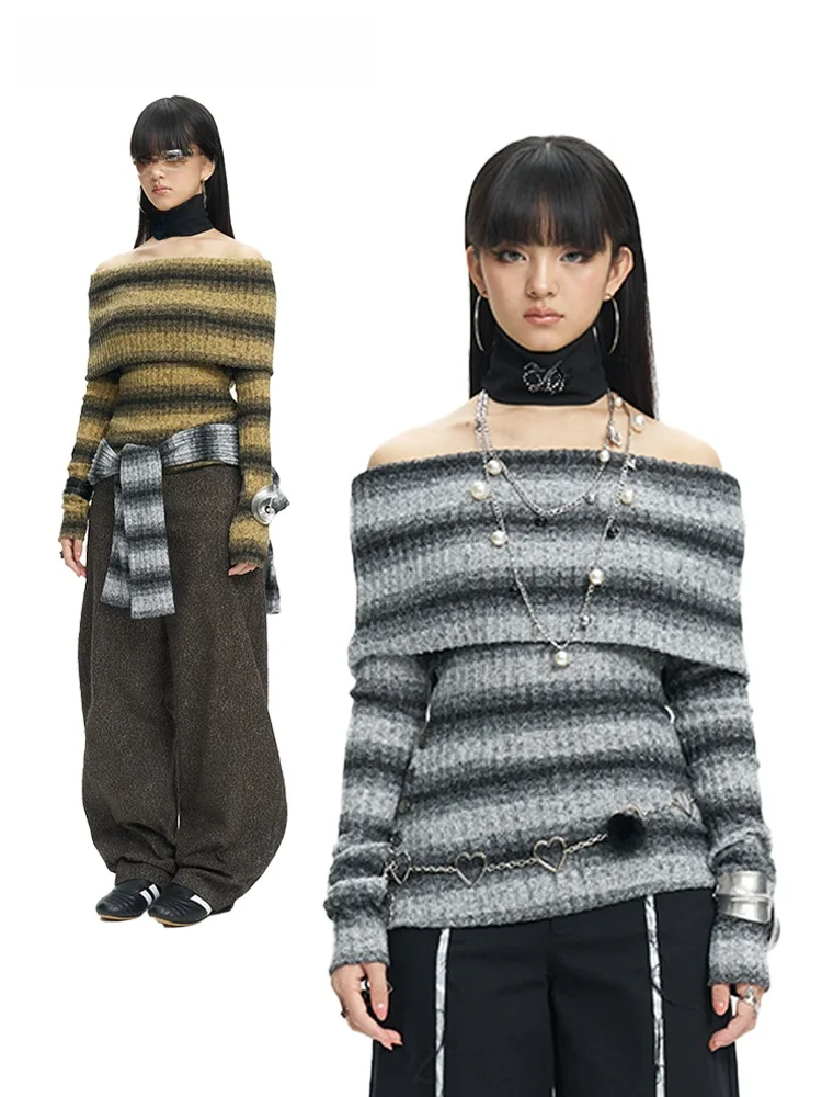 

Утягивающий вязаный полосатый одно плечо Base irt MOF Girl, сексуальный пуловер для подростков, длинный свек, повседневный свитер из полиэфирного волокна