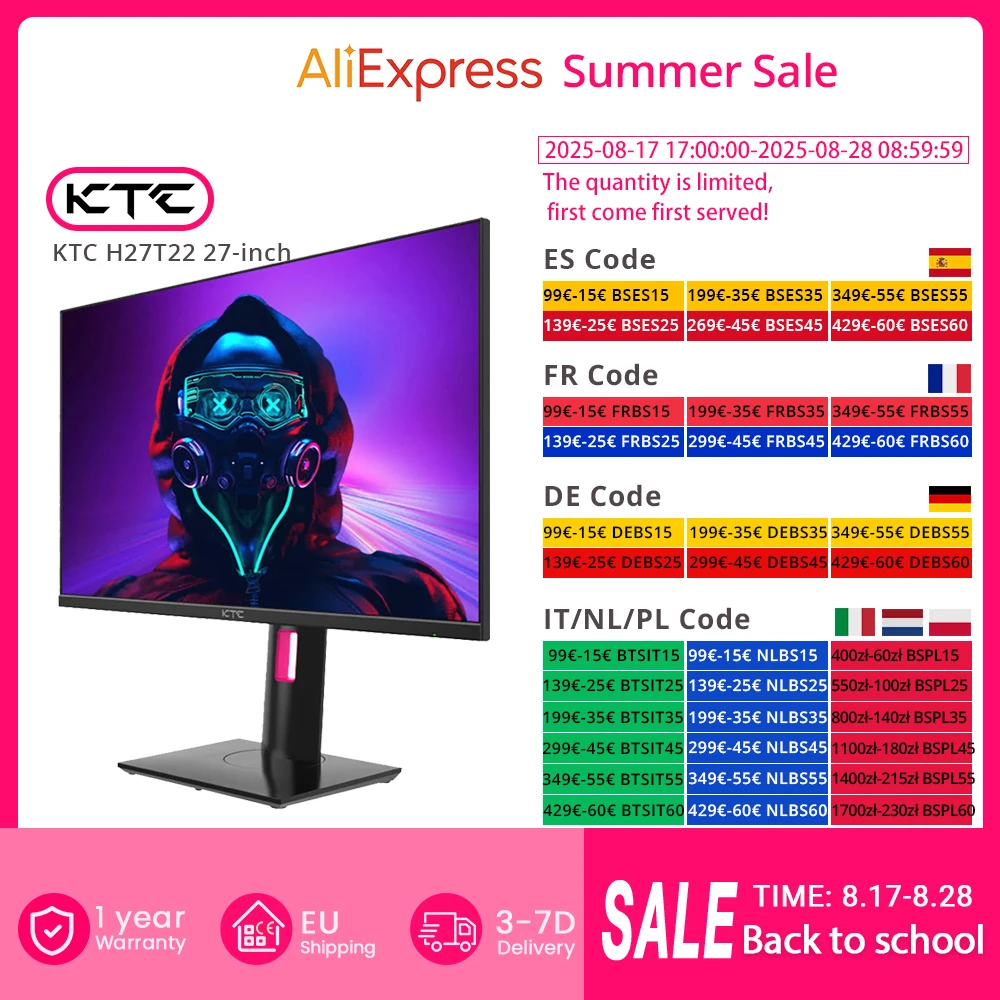 Ktc H27t22 Monitor Para Juegos De 27 Pulgadas 2560X1440 Qhd 16:9 Eled 180Hz Pantalla De Panel Ips Rápida 1Ms Tiempo De Respuesta Gtg 124% Srgb Hdr10