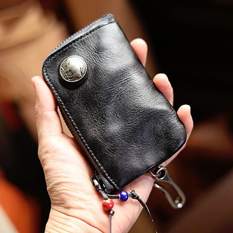 LUOKIR Deluxe Genuine Leather Home Car Key Bag Vintage Handmade Cowhide Coin Purse Men and Women Zipper Mini Wallet Card Holder