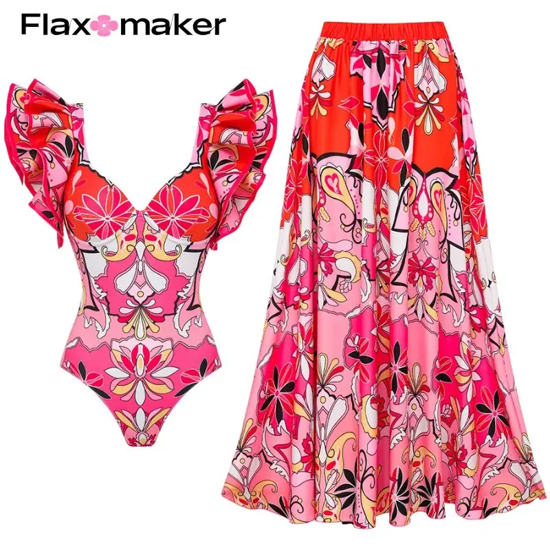 FLAXMAKER Ruffle Women\'s Swimsuit set Ruffle One Piece Swimsuit and Sarong Summer Bathing Suit  Clearance Wholesale