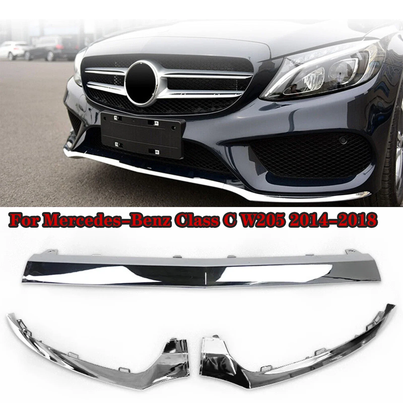 

For Mercedes-Benz Class C W205 2014-2018 Front Bumper Lower Lip Trim Molding Chrome Car Body Kit Accessories Glossy Black