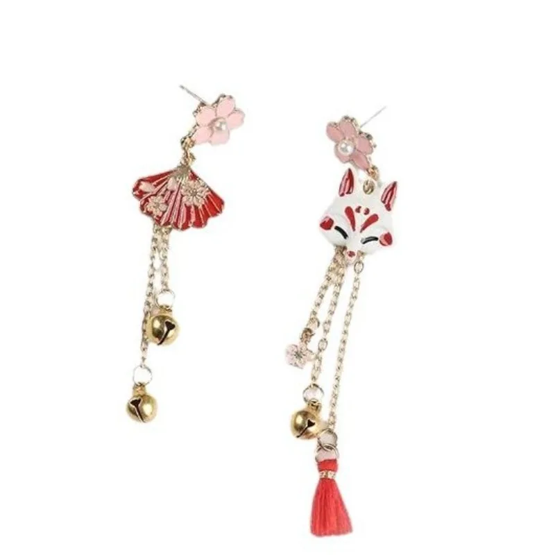 Flower long earrings, fox mask fan earrings, tassel creative sweet Japanese and Korean design