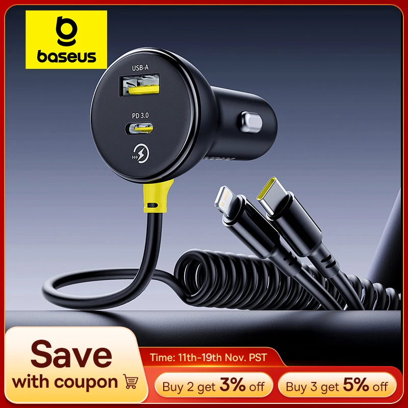 Baseus 60W Car Charger Retractable Spring Cable PD QC SCP FCP AFC Fast Charging For iPhone Samsung Xiaomi Car Phone Charger