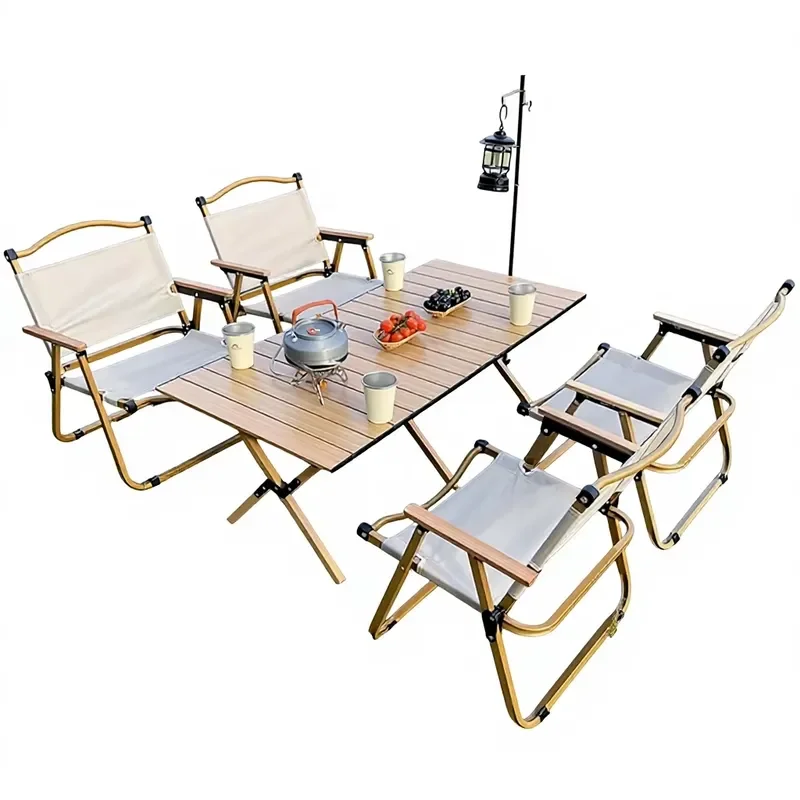 Folding Roll-Up Aluminum Wood Grain Portable Picnic Table & 4 Chairs Set with Carry Bag for Camping Beach BBQ & Hiking