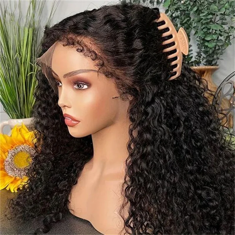 Perruque Lace Front Wig crépus bouclée sans colle pour femme, cheveux doux et longs, cheveux de bébé préplumés, noir naturel, densité 180, 26 po, 03/3