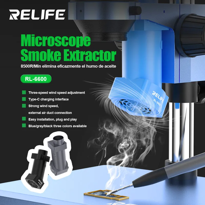 RELIFE RL-6600 Estrattore di fumo per microscopio per la manutenzione del telefono cellulare Tipo-C 8500R/Min Strumento per la rimozione del fumo dell'olio di saldatura
