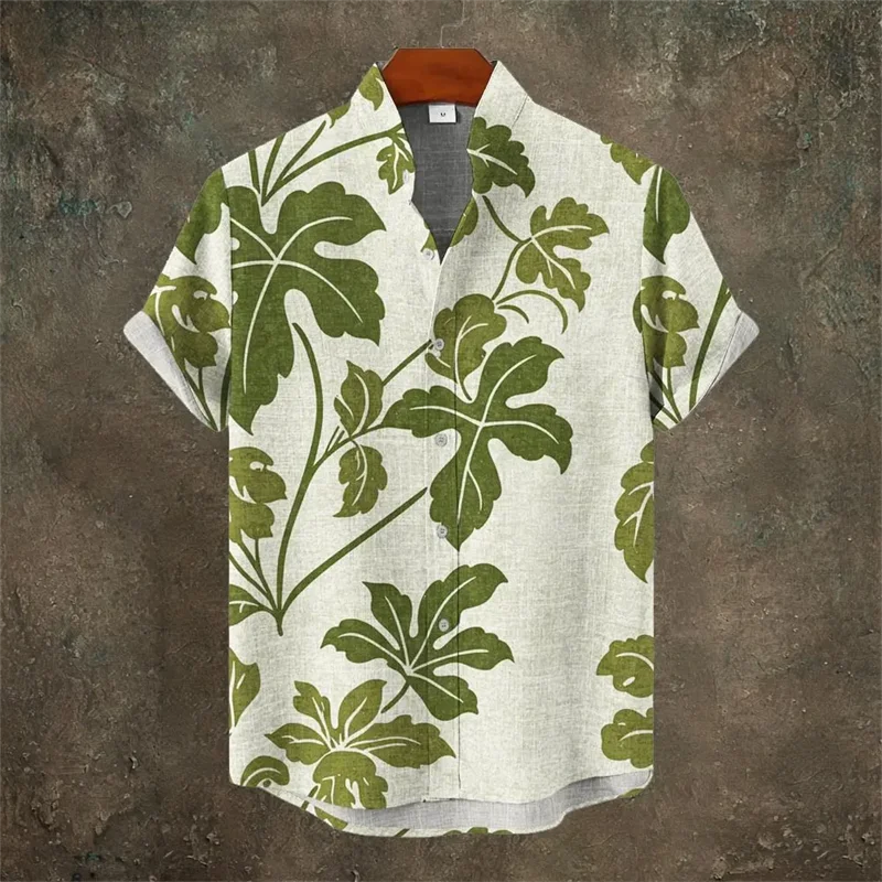 Men's new comfortable linen short sleeved shirt 3D cat print lotus leaf pattern button short sleeved top