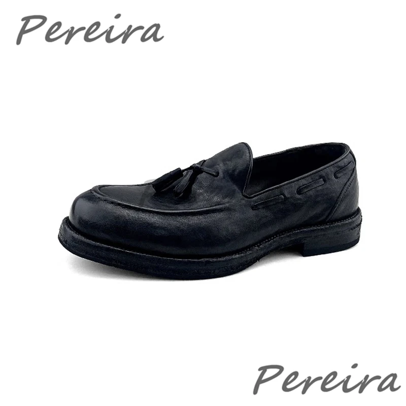 Brown Washed Horseskin Handmade Men's Shoes Tassel Design Round Toe Thick Soled Slip-On Loafers Summer Retro Male Casual Shoes
