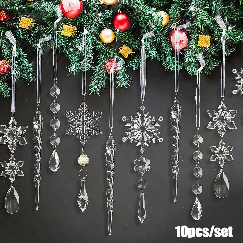 10PCS/Set Acrylic Simulation Snowflake Christmas Tree Decoration Icicle Xmas Tree Pendant Navidad Natal Noel New Year Gift 2024