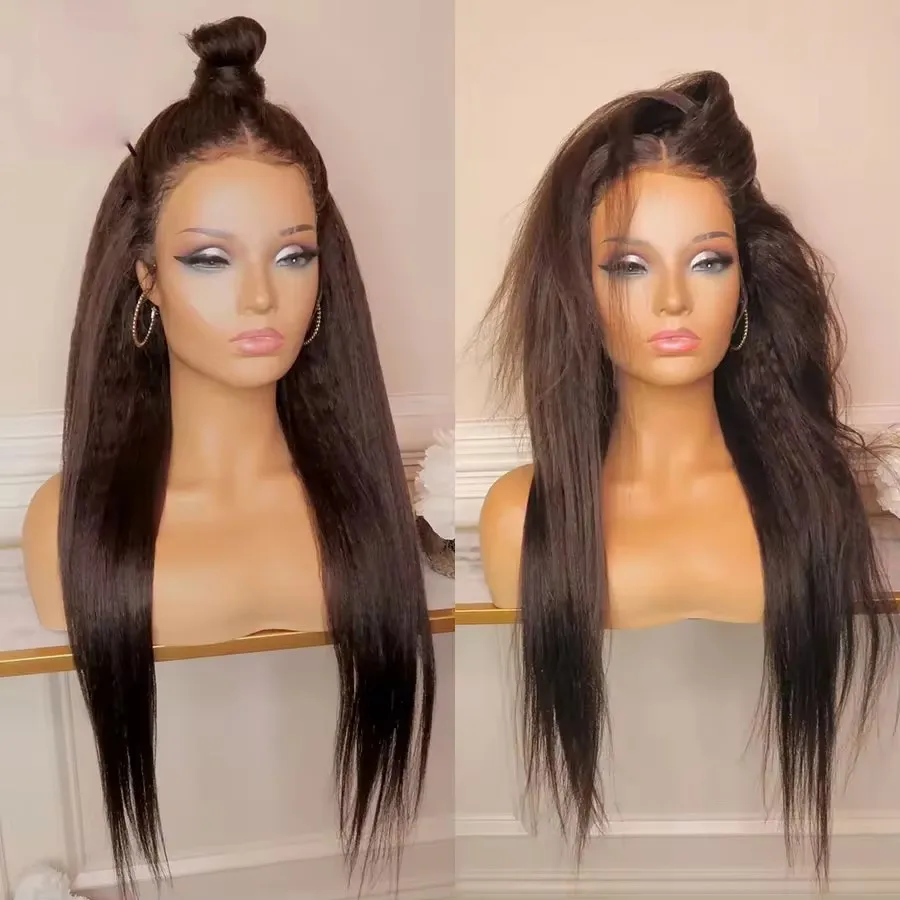 

Мягкий черный яки кудрявый прямой предварительно выщипанный синтетический парик 13X4 кружевной передний парик для женщин линия волос с волосами ребенка