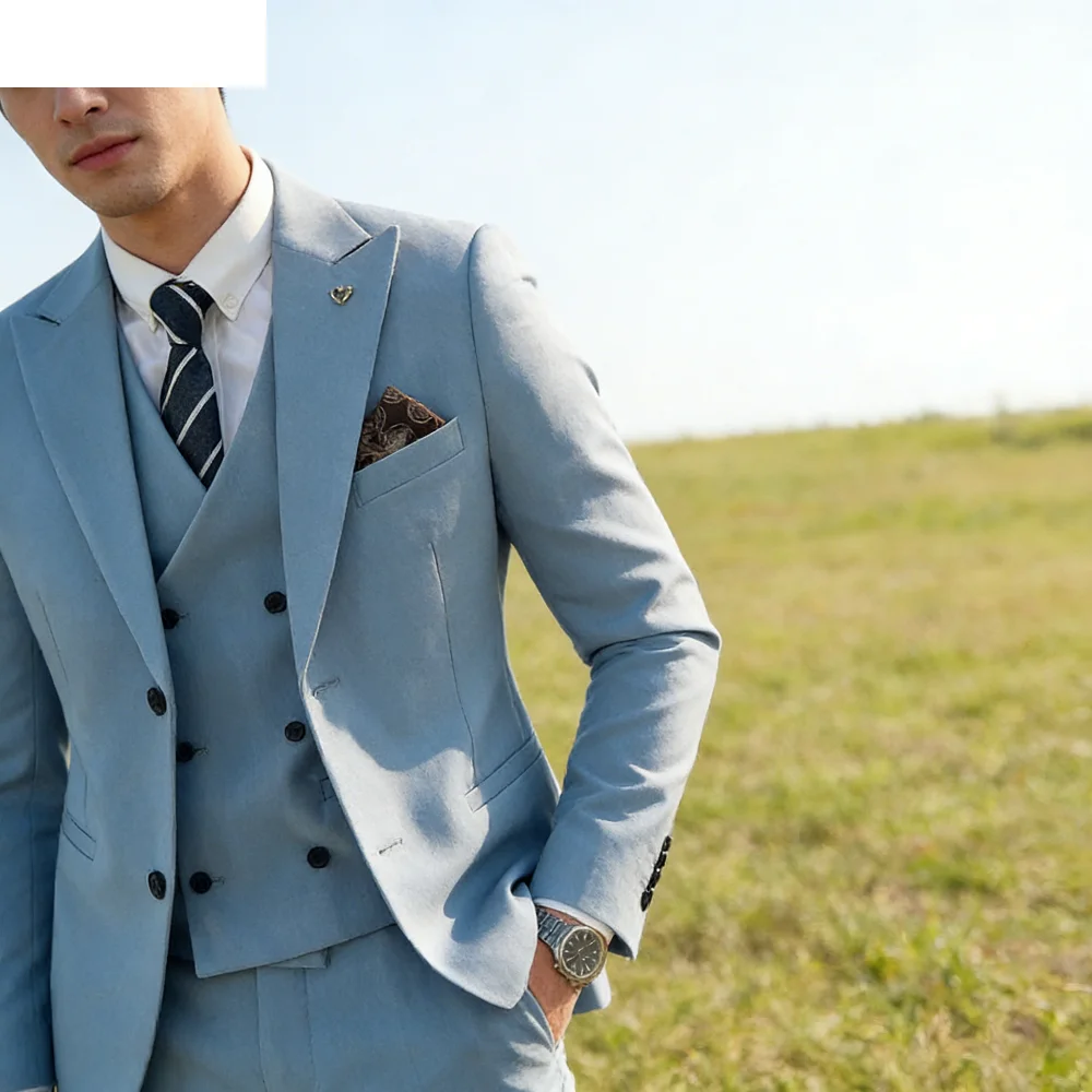 

Men's Double Breasted Trench Coat Suit Casual Simple Blazer Vest Pants Set High Quality Recent Design Matching Outfit