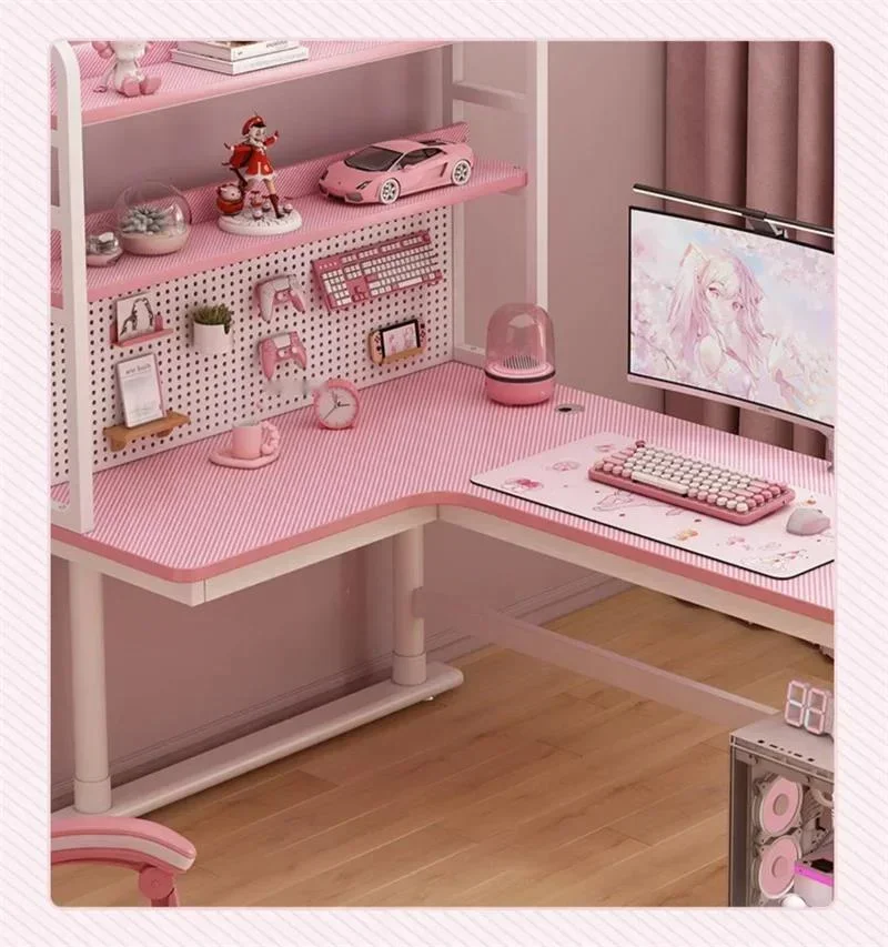 Corner Desktop Computer Desk Bookshelf Integrated Office Furniture Carbon Fiber Computer Table Pink Gaming Desk Girls Study Desk