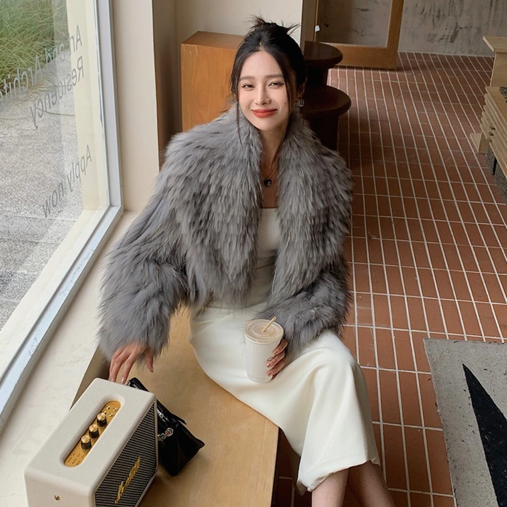 

Natural Raccoon Fur Jackets 2025 Women Autumn Winter Fashion Short Overcoat Real Fur Collar Knitted Outerwear Fluffy Luxury