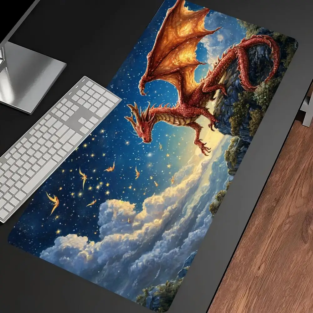 Fantasy Dragon Galaxy Cloud Print Gaming Mouse Pad Large Desk Mat Anti-Slip Rubber Base Stitched Edge Keyboard Mat For Gamers