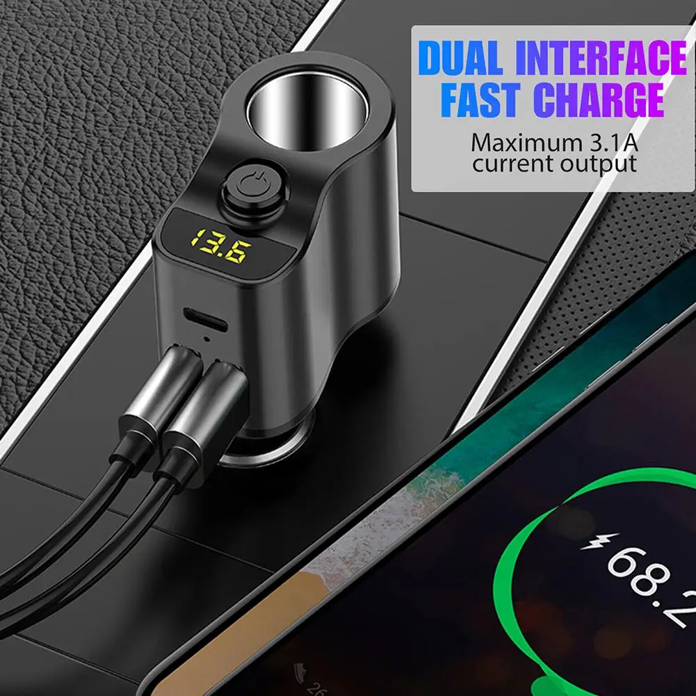 Car Charger Extension Cigarette Lighter Adapter Socket Splitter 2 USB 1 PD Ports Volt Meter 12V/24V Auto Outlet Fast Charging