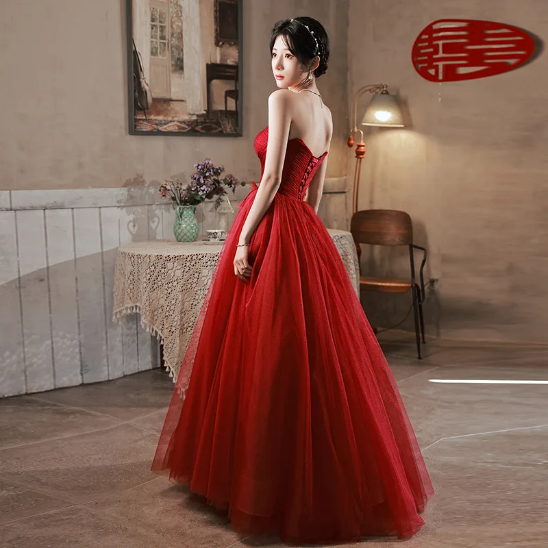 Women Burgundy Tube Top Prom Party Dresses Sexy Backess Long A-line Tulle Formal Dress Toast Clothing