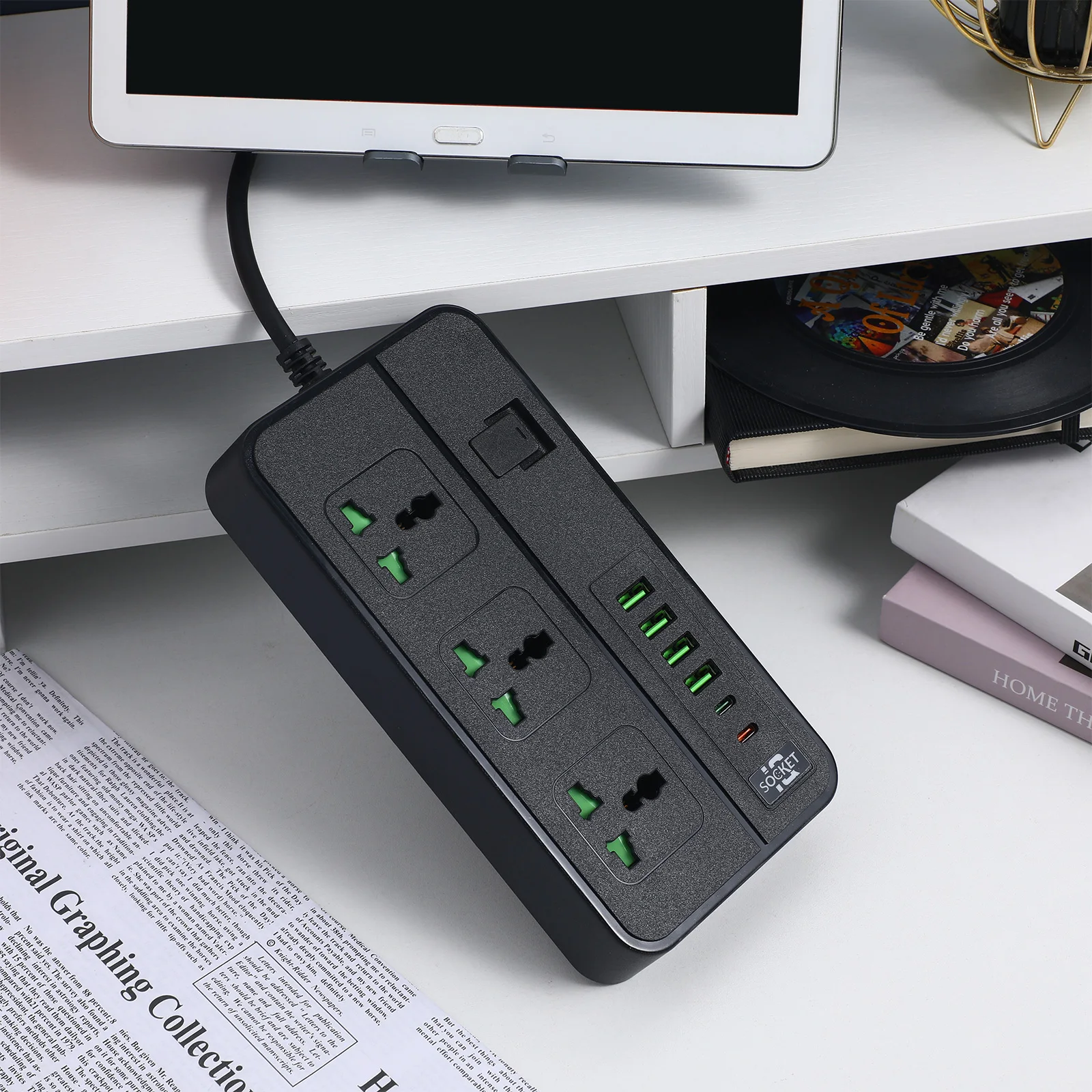 

Удлинитель с несколькими розетками и портами USB Type-C для зарядки, плоская розетка-удлинитель для дома, офиса, общежития, компактный, экономит место