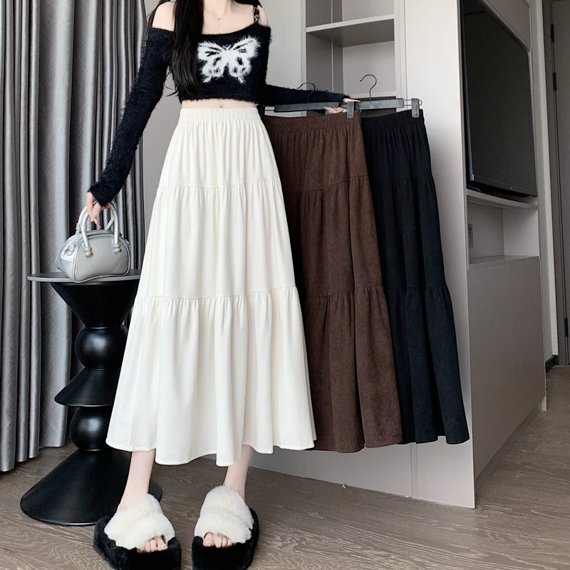 春ハイウエスト A ラインミニスカート女性のベルベットケーキスカート韓国スタイル多用途ミディスカート通勤ピュアカラー