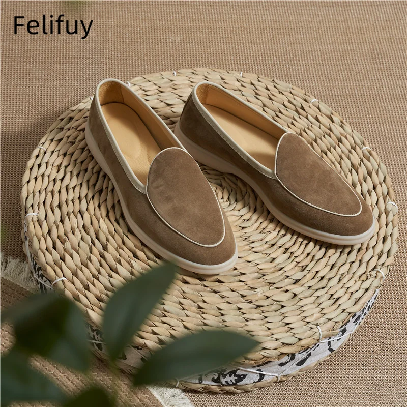 Cow Suede Men's Loafers Soft Flat Casual Slip-on Shoes Suitable For Men Genuine Leather Comfortable Breathable Walking Shoes