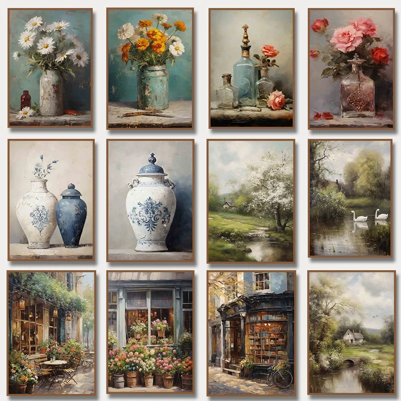 1pc frameless Canvas Painting Countryside Cottage Flowers in Cans Perfume Bottles Porcelain Poster French Shopfronts Canvas Pain