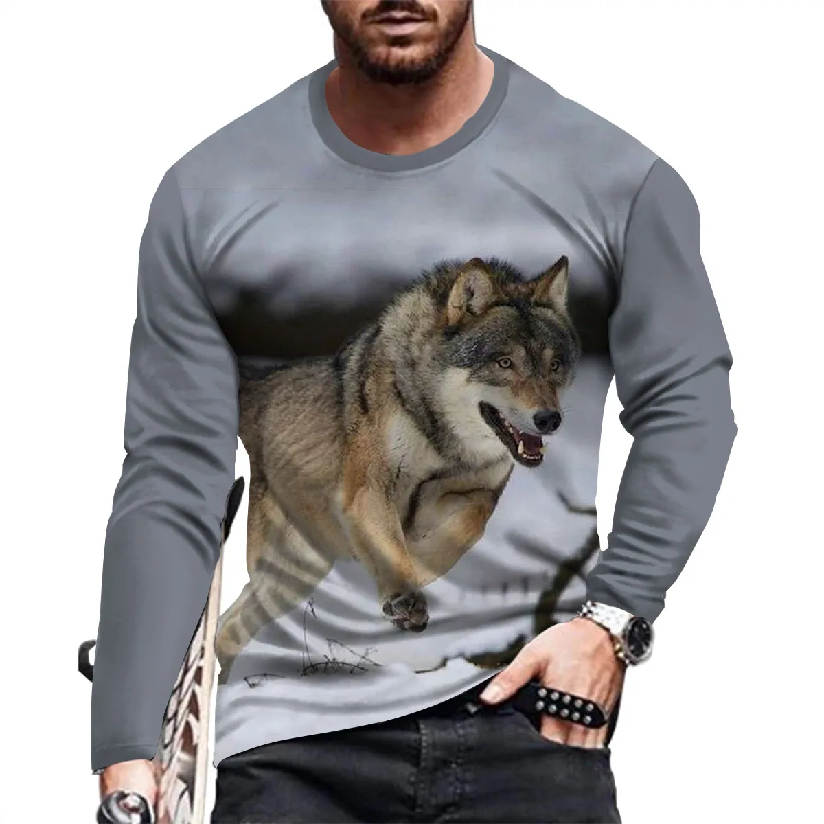 New Coyote Animal Print Summer Men\'s Round Neck T-shirt Casual Long Sleeve Oversized T-Shirt Fashion Pullover Trend Men Clothing