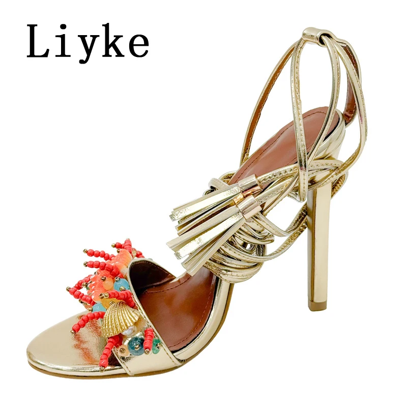 Liyke Sexy Tassels Ankle Cross Strap Sandals Women Fashion Starfish Shells Coral Open Toe Silver High Heels Banquet Party Shoes view 6