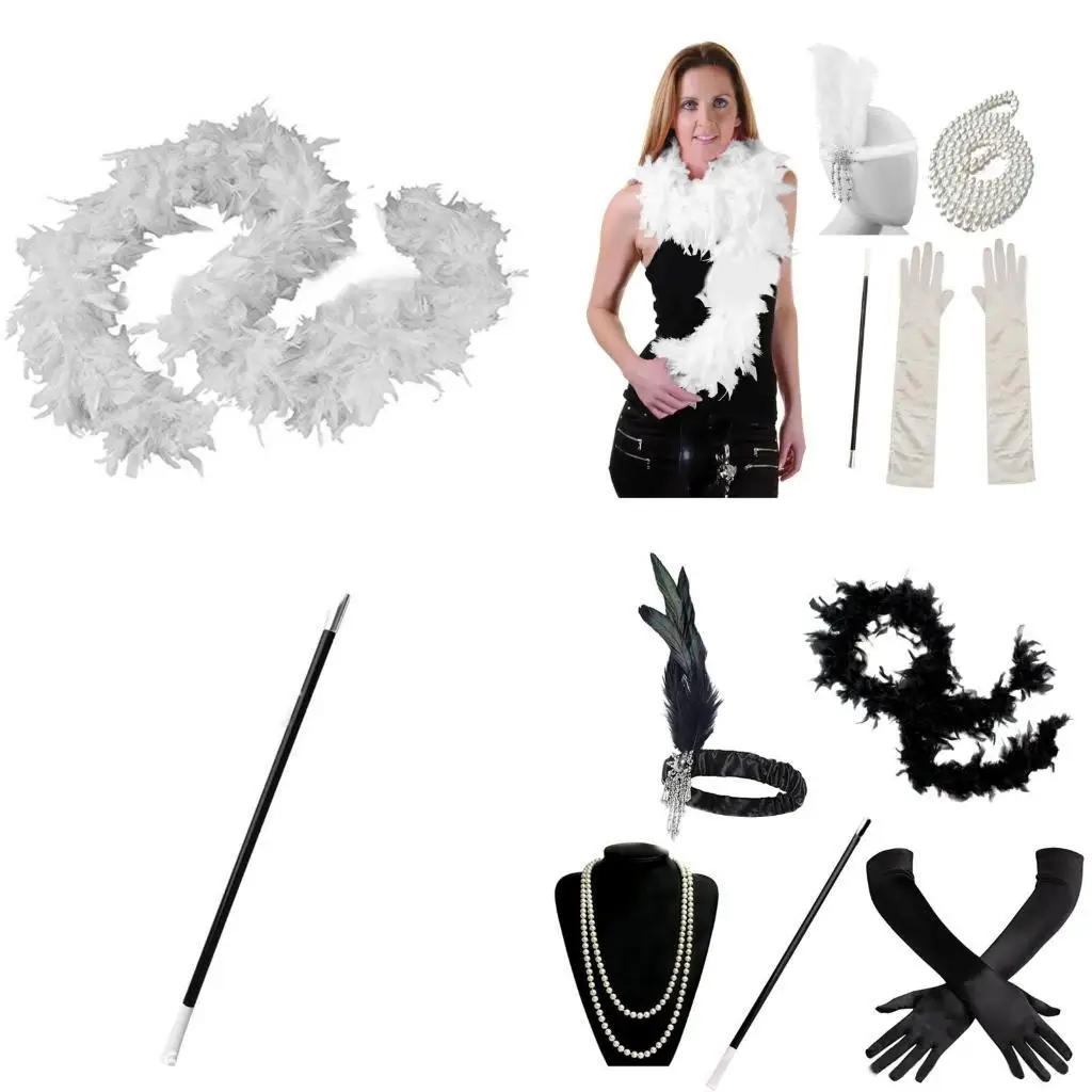 

652F Women Flapper Accessories Gatsby Party Costume Set Headband Necklace Satin-Gloves Scarf for Cocktail Party Prom