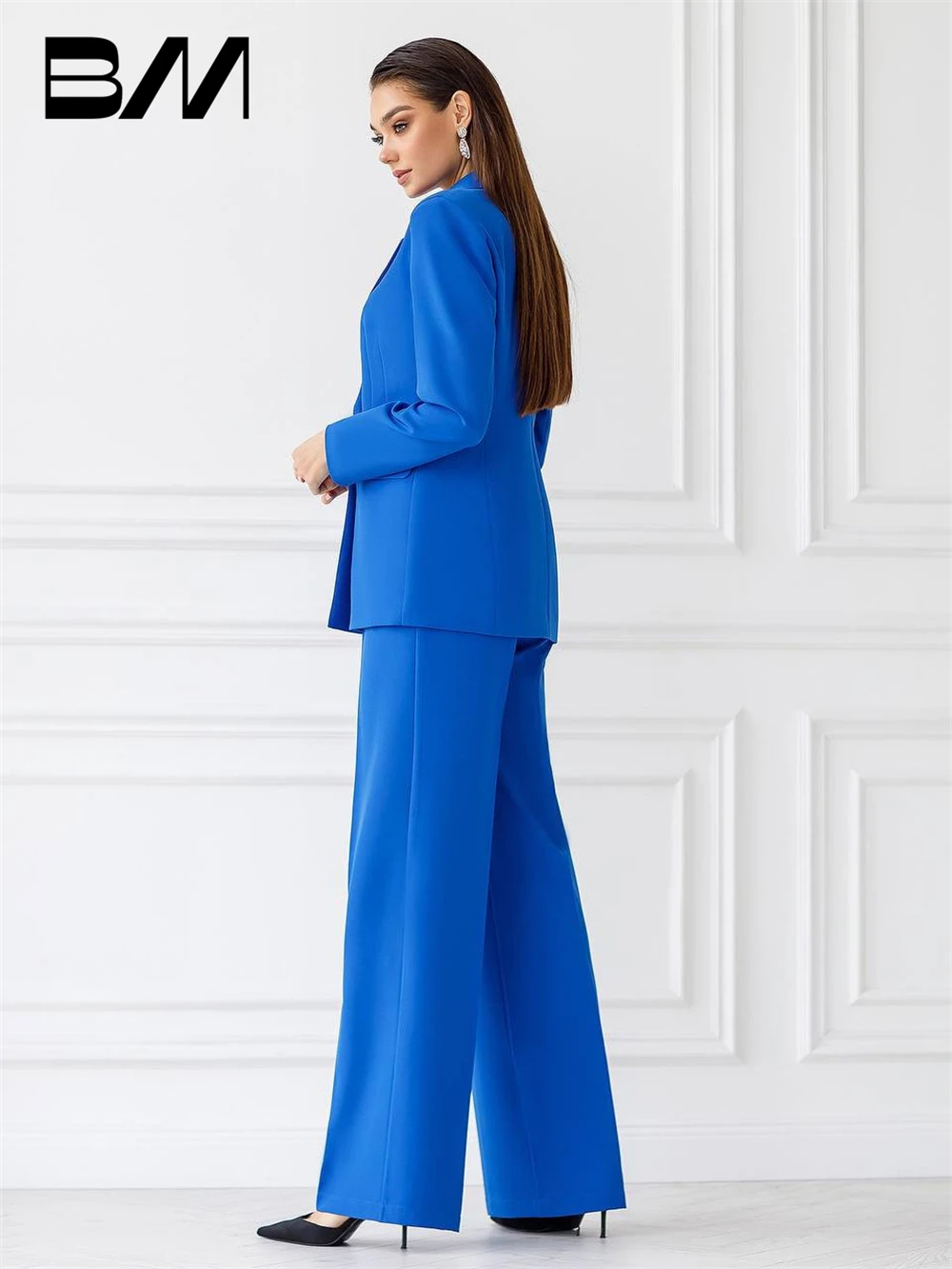 Klein Blue Business Formal Suit Set For Women Two Pieces Double Breasted Solid Wedding Party Dress Pantsuit Wide Trousers Blazer