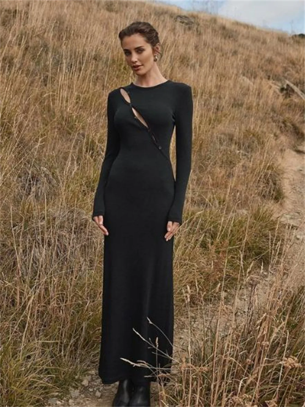 

Women Knitted Black Midi Dress Autumn Slim O-neck Chest Button Hollow Out Decor Long Sleeve Maxi Dress Female Fashion Vestidos