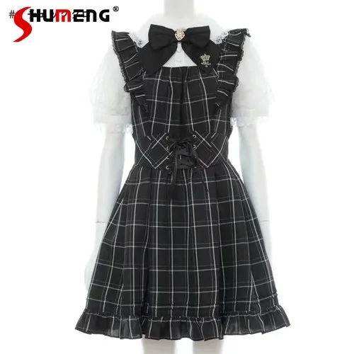 SC Dress Mine Mass-Produced Slimming High Waist Plaid Dress Women Lolita Sweet Elegant Lace Short Sleeve Black Midi Dress Summer