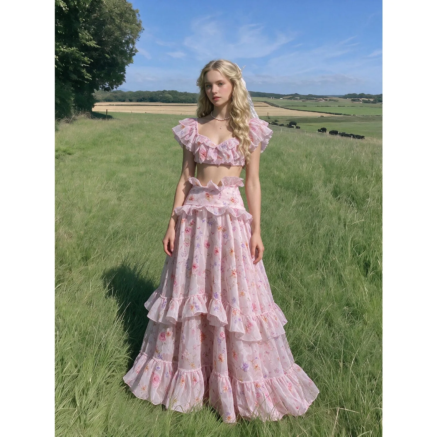 Romantic Pink Floral Printed Princess Gown Two-Piece Set Sweet Ruffle Crop Top Layered Flowy Prom Party Gown WT268008