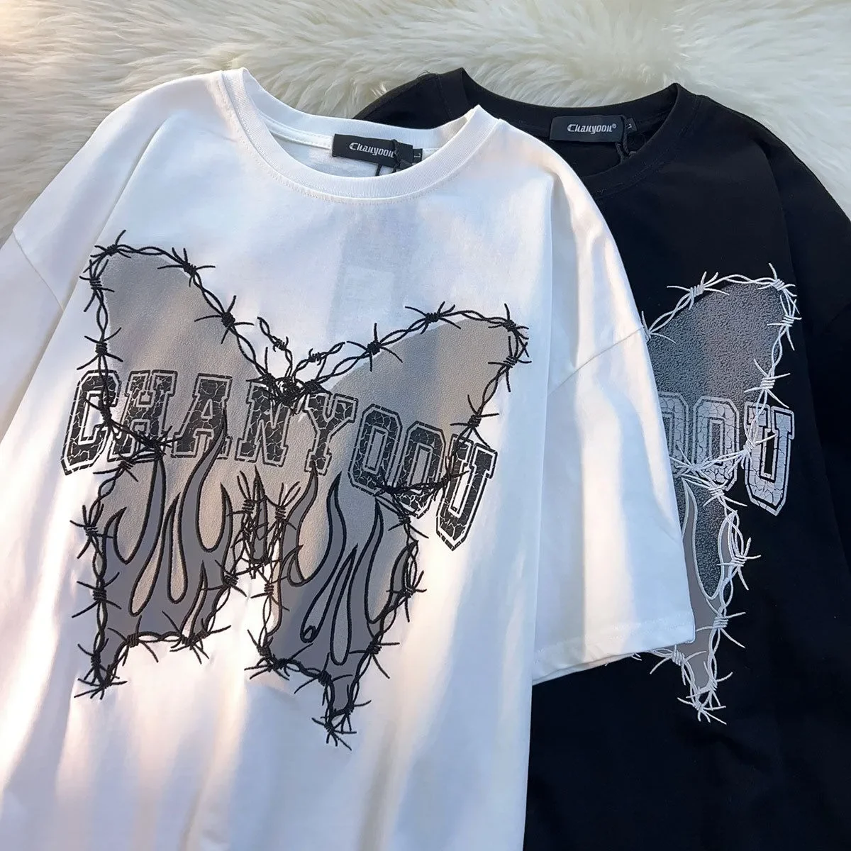 American Fashion Brand Thorn Butterfly Dark Black Cotton Top Short Sleeve T-shirt for Men and Women Half Sleeve Loose Versatile